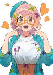 Rule 34 | 1girl, absurdres, blue hat, blue jacket, bralines, breasts, finger to cheek, glasses, green eyes, hair ornament, hands up, hat, heart, high-waist skirt, highres, index finger raised, jacket, looking at viewer, medium breasts, open clothes, open jacket, open mouth, orange-framed eyewear, orange hair, orange skirt, original, shirt, short hair, skirt, solo, teardrop-framed glasses, teeth, tonegawa ribu, upper body, upper teeth only, white background, white shirt, x hair ornament