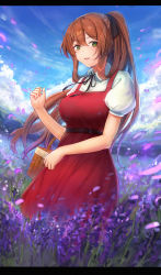 Rule 34 | 1girl, alternate costume, belt, black ribbon, blue sky, blush, breasts, brown hair, cloud, collared shirt, day, dress, field, floating hair, flower, flower field, girls&#039; frontline, green eyes, hair between eyes, hair ribbon, hair rings, highres, large breasts, lavender (flower), letterboxed, long hair, looking at viewer, neck ribbon, open mouth, petals, picnic basket, ponytail, puffy short sleeves, puffy sleeves, red dress, ribbon, shirt, short sleeves, sidelocks, sky, smile, solo, springfield (girls&#039; frontline), white shirt, wind, wind lift, yan h chau