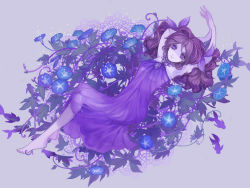 Rule 34 | 1girl, armpits, arms up, barefoot, bow, dress, fish, flower, hair bow, looking at viewer, lying, morning glory, on back, original, purple dress, purple eyes, purple hair, purple theme, see-through, shenyuan xian, solo