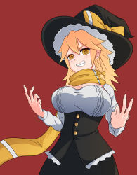 Rule 34 | 1girl, black hat, black skirt, blonde hair, bow, braid, breasts, cleavage, commentary request, cookie (touhou), cowboy shot, grin, hair bow, hat, highres, kirisame marisa, kohaku (cookie), large breasts, long hair, looking at viewer, red background, scarf, side braid, simple background, single braid, skirt, smile, solo, touhou, witch hat, yan pai, yellow bow, yellow eyes, yellow scarf