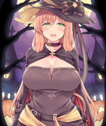 Rule 34 | 1girl, :d, amane hasuhito, arms behind back, bare tree, belt, black bow, black cape, black hat, blush, bow, breasts, brown hair, buckle, cape, cleavage, collar, collarbone, commentary request, full moon, girls&#039; frontline, green eyes, halloween, halloween costume, hat, hat bow, high heels, jack-o&#039;-lantern, large breasts, long hair, looking at viewer, moon, night, night sky, official alternate costume, open mouth, outdoors, pumps, round teeth, sky, smile, solo, springfield (classic witch) (girls&#039; frontline), springfield (girls&#039; frontline), teeth, tree, upper body, upper teeth only, very long hair, witch, witch hat