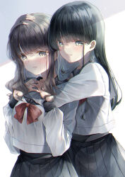 Rule 34 | 2girls, absurdres, black hair, black skirt, blush, bow, bowtie, brown eyes, brown hair, chromatic aberration, closed mouth, crying, crying with eyes open, green eyes, hand on another&#039;s head, hand on own chest, highres, hug, hug from behind, light particles, long hair, long sleeves, looking at another, multiple girls, original, pleated skirt, puffy sleeves, red bow, red bowtie, school uniform, serafuku, shade, shirt, sidelocks, simple background, skirt, smile, tears, touki matsuri, white background, white serafuku, white shirt, yuri