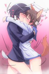 Rule 34 | 2girls, absurdres, animal ears, bad id, bad pixiv id, brave witches, brown hair, closed eyes, commentary, dog ears, dog girl, dog tail, dress, gradient background, hair flaps, heart, highres, hug, kiss, miyafuji yoshika, motion lines, multiple girls, panties, pink background, rabbit ears, rabbit girl, rabbit tail, rafale1008, sailor dress, shimohara sadako, short hair, simple background, speech bubble, strike witches, swimsuit, swimsuit under clothes, tail, thighs, translation request, underwear, white background, world witches series, yuri