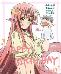 Rule 34 | 10s, 1girl, 2015, :p, amamiya sora, blush, border, breasts, character doll, cleavage, dated, hair ornament, hairclip, hand puppet, happy birthday, kurusu kimihito, lamia, large breasts, long hair, miia (monster musume), miyahara takuya, monster girl, monster musume no iru nichijou, navel, pointy ears, puppet, red hair, scales, shirt, simple background, slit pupils, smile, solo, tied shirt, tongue, tongue out, translation request, upper body, yellow eyes