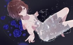 Rule 34 | 1girl, bare arms, bare shoulders, barefoot, blue flower, blue rose, blush, breasts, brown hair, cleavage, commentary request, dark background, dress, dutch angle, flower, from side, grey dress, hair ornament, hairclip, highres, higuchi madoka, idolmaster, idolmaster shiny colors, looking at viewer, looking to the side, mole, mole under eye, outstretched arm, parted lips, petals, purple eyes, reaching, reaching towards viewer, rose, rose petals, shatter, shimashi (mori no sato), shiny clothes, short hair, sleeveless, sleeveless dress, small breasts, smile, solo, swept bangs, thorns