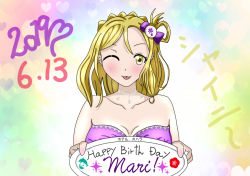 Rule 34 | 1girl, 2019, :p, artist name, artist request, bare shoulders, blonde hair, bow, braid, breasts, cleavage, crown braid, dolphin print, dress, female focus, flower print, hair rings, holding, holding plate, jewelry, looking at viewer, love live!, love live! sunshine!!, necklace, ohara mari, one eye closed, plate, purple bow, purple dress, short hair, solo, tongue, tongue out, yellow eyes