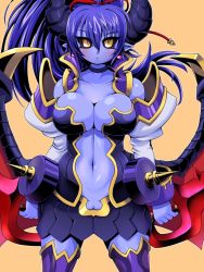 Rule 34 | 1girl, asmodeus (shinrabanshou), bare shoulders, blue hair, blue skin, breasts, colored skin, demon girl, demon wings, detached sleeves, earrings, female focus, horns, jewelry, kuma (kumahoihoi), large breasts, long hair, monster girl, navel, no panties, pointy ears, pussy, shinrabanshou, simple background, skirt, solo, standing, thighhighs, uncensored, weapon, wings, yellow eyes
