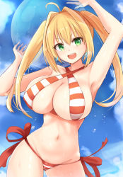 Rule 34 | &gt;:d, 10s, 1girl, :d, ahoge, armpits, arms up, ball, beachball, bikini, blonde hair, blue sky, breasts, cleavage, collarbone, day, earrings, fate/extra, fate/grand order, fate (series), green eyes, hair intakes, halterneck, highres, hip focus, jewelry, large breasts, long hair, looking at viewer, navel, neneru, nero claudius (fate), nero claudius (fate) (all), nero claudius (swimsuit caster) (fate), open mouth, outdoors, red bikini, side-tie bikini bottom, sideboob, sky, smile, solo, striped bikini, striped clothes, swimsuit, thighs, twintails, v-shaped eyebrows, water drop, wet