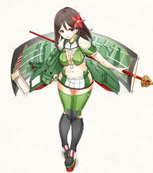 Rule 34 | 10s, 1girl, amagi (kancolle), asya, breasts, brown eyes, brown hair, female focus, flower, hair flower, hair ornament, highres, kantai collection, large breasts, long hair, machinery, midriff, miniskirt, mole, mole under eye, polearm, ponytail, skirt, smile, solo, thighhighs, weapon, zettai ryouiki