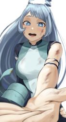 Rule 34 | 1girl, absurdres, antenna hair, blue eyes, blue hair, boku no hero academia, breasts, bruise, fengling (furin-jp), hadou nejire, highres, hurt, injury, long hair, looking at viewer, open mouth, simple background, smile, solo, teeth, tongue, torn clothes, white background