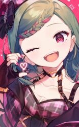 Rule 34 | 1girl, ;d, absurdres, blush, braid, braided bangs, collarbone, dress, fingerless gloves, fingernails, gloves, green hair, heart, heart-shaped pupils, heart o-ring, highres, idolmaster, idolmaster cinderella girls, looking at viewer, nail polish, nontan (february2nd), official alternate costume, one eye closed, open mouth, plaid, plaid dress, plaid headwear, red eyes, shuto aoi, smile, solo, swept bangs, symbol-shaped pupils, upper body