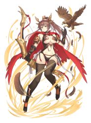 Rule 34 | 1girl, animal, armor, armored boots, bare shoulders, bird, black gloves, black panties, boots, bow (weapon), breasts, brown eyes, brown hair, brown thighhighs, cape, center opening, choker, commentary request, eagle, feathers, full body, gauntlets, glint, gloves, groin, hand up, headgear, highres, holding, holding bow (weapon), holding weapon, houchi shoujo, japanese armor, jchoy, large breasts, long hair, looking at viewer, navel, panties, parted lips, ponytail, revealing clothes, shoulder armor, sidelocks, simple background, sleeveless, sode, solo, stomach, thighhighs, underboob, underwear, weapon, white background