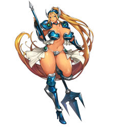 Rule 34 | 1girl, absurdly long hair, absurdres, arm guards, armor, armored boots, bikini, bikini armor, black gloves, blonde hair, blue armor, blue collar, blue eyes, boobplate, boots, breastplate, breasts, check copyright, cleavage, closed mouth, collar, collarbone, commentary, copyright request, fingerless gloves, full body, gauntlets, gloves, groin, gurimjang, hair between eyes, headgear, helmet, high heel boots, high heels, highres, large breasts, long hair, looking at viewer, navel, original, parted bangs, polearm, ponytail, revealing clothes, shoulder armor, sidelocks, simple background, solo, standing, standing on one leg, stomach, swimsuit, tachi-e, trident, very long hair, waist cape, weapon, white background, winged helmet