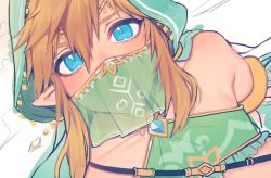Rule 34 | 1boy, arabian clothes, bandeau, bare shoulders, blue eyes, blush, close-up, detached sleeves, fa8072, gerudo set (zelda), hair between eyes, light brown hair, link, looking at viewer, male focus, mouth veil, nintendo, partially colored, pointy ears, sketch, solo, the legend of zelda, the legend of zelda: breath of the wild, trap, veil