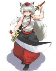 Rule 34 | 1girl, absurdres, adapted costume, animal ears, arm at side, baggy pants, bandages, bare arms, bare shoulders, closed mouth, dual wielding, full body, grey hair, hair between eyes, hand up, hat, highres, holding, holding sword, holding weapon, inubashiri momiji, japanese clothes, katana, looking at viewer, matinmorgen, medium hair, pants, pom pom (clothes), red eyes, serious, sheath, shirt, simple background, sleeveless, sleeveless shirt, solo, sword, tail, tokin hat, touhou, unsheathing, walking, weapon, weapon on back, white background, white shirt, wolf ears, wolf tail