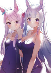 Rule 34 | 2girls, absurdres, backlighting, blue hair, blue one-piece swimsuit, blunt bangs, blush, braid, breast envy, breasts, cleavage, collarbone, commentary request, competition school swimsuit, crown braid, from side, hair intakes, half-closed eyes, highres, horse girl, large breasts, long hair, looking at viewer, mejiro ardan (umamusume), mejiro mcqueen (umamusume), multiple girls, one-piece swimsuit, purple eyes, purple hair, rei (ilust9999), school swimsuit, scowl, simple background, small breasts, smile, swept bangs, swimsuit, umamusume, very long hair, waving, white background