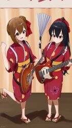 Rule 34 | 2girls, :d, black hair, brown eyes, brown hair, clog sandals, closed mouth, commentary request, electric guitar, floral print, full body, guitar, hair between eyes, hair bun, hair ribbon, hand fan, hand up, highres, hirasawa yui, holding, holding fan, holding instrument, instrument, japanese clothes, k-on!, kimono, leg up, long hair, multiple girls, nakano azusa, omochiarts, open mouth, ponytail, red kimono, red ribbon, ribbon, short hair, sidelocks, single hair bun, smile, standing, toes