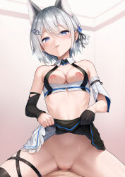 1boy 1girl absurdres animal_ears bare_shoulders black_gloves black_ribbon blue_eyes blush breasts cat_ears censored closed_mouth commentary_request commission cowgirl_position girl_on_top gloves grey_hair hair_between_eyes hair_ribbon half_gloves henria highres indie_virtual_youtuber inuzuki_ren lifting_own_clothes looking_at_viewer medium_breasts mosaic_censoring nipples pussy ribbon single_glove single_half_glove skeb_commission smile solo_focus straddling thigh_strap tongue tongue_out virtual_youtuber