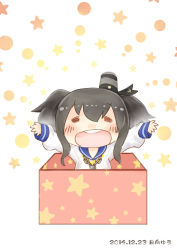 Rule 34 | 10s, 1girl, bad id, bad pixiv id, box, closed eyes, gradient hair, grey hair, hinata yuu, in box, in container, kantai collection, looking at viewer, multicolored hair, open mouth, school uniform, serafuku, smile, solo, tokitsukaze (kancolle), twintails