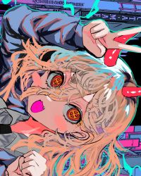 Rule 34 | 1girl, absurdres, blonde hair, blue jacket, blush, building, chainsaw man, city, clenched hand, collared shirt, demon horns, fang, highres, horns, jacket, looking at viewer, medium hair, momae makku, multicolored eyes, open mouth, orange eyes, power (chainsaw man), red eyes, shirt, smile, solo, upper body, v, white shirt