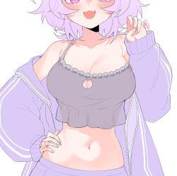 Rule 34 | 1girl, :3, blush, breast focus, breasts, claw pose, cleavage, cleavage cutout, close-up, clothing cutout, collarbone, commentary, crop top, eyelashes, hand on own hip, highres, hololive, hood, hoodie, large breasts, medium breasts, messy hair, navel, nekomata okayu, off shoulder, open clothes, open hoodie, pale color, pink eyes, purple hoodie, savi (byakushimc), short hair, solo, upper body, virtual youtuber, white background