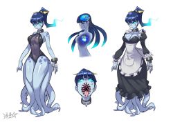 Rule 34 | 1girl, apron, black dress, black leotard, blue eyes, blue hair, blue sclera, blue skin, brain, breasts, cleavage, closed mouth, collar, colored sclera, colored skin, concept art, covered navel, dress, gradient hair, heart (organ), highres, juliet sleeves, large breasts, leotard, long sleeves, looking at viewer, maid, mechanical hands, metal collar, monster girl, multicolored hair, multiple views, open mouth, original, ponytail, prosthesis, prosthetic hand, puffy sleeves, ryuusei (mark ii), scylla, sharp teeth, signature, single mechanical hand, teeth, tentacles, white apron