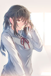 Rule 34 | 1girl, blush, brown eyes, brown hair, collared shirt, crying, crying with eyes open, daito, dripping, hand up, light frown, long hair, long sleeves, looking away, neck ribbon, original, ponytail, red ribbon, ribbon, school uniform, shirt, sidelocks, solo, sweater vest, tears, two-tone background, upper body, white shirt, wing collar, wiping tears
