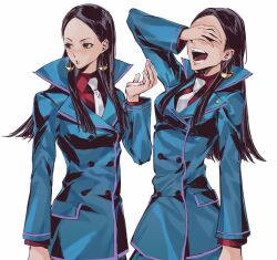 1girl ace_attorney ace_attorney_investigations ace_attorney_investigations:_miles_edgeworth arm_up black_hair blue_jacket brown_eyes buttons calisto_yew collared_shirt double-breasted earrings forehead freckles hand_over_eye hand_up highres holding_makeup_palette jacket jewelry lapel_pin lips long_hair multiple_views necktie red_shirt richost shirt simple_background white_background white_necktie