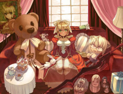 Rule 34 | 10s, 1girl, aestus estus, armor, blonde hair, bow, box, cake, couch, cup, dress, easel, epaulettes, fate/extra, fate/stay night, fate (series), food, gift, gift box, green eyes, hair bow, hair intakes, heracles (fate), illyasviel von einzbern, matryoshka doll, michael roa valdamjong, neco-arc, nero claudius (fate), nero claudius (fate), nero claudius (fate/extra), red dress, red upholstery, sasaki shounen, saucer, sitting, solo, stuffed animal, stuffed toy, sword, tablecloth, tea, teacup, teapot, teddy bear, tiered serving stand, weapon