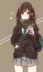 Rule 34 | 10s, 1girl, bag, blush, brown hair, cardigan, coffee, coffee cup, cowboy shot, cup, disposable cup, earbuds, earphones, enpera, green eyes, green scarf, grey skirt, hair over one eye, hand in pocket, highres, holding, holding bag, holding cup, idolmaster, idolmaster cinderella girls, long hair, looking at viewer, messy hair, necktie, nose blush, parted lips, pleated skirt, scarf, school bag, school uniform, shibuya rin, skirt, solo, standing, star (symbol), striped background, striped necktie, striped neckwear, two-tone background, yamasuta