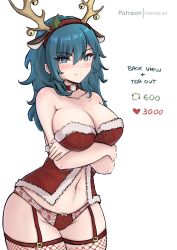 Rule 34 | 1girl, alternate costume, antlers, artist name, blue eyes, blue hair, byleth (fire emblem), chascoby, commentary, crossed arms, english commentary, fire emblem, fire emblem: three houses, fishnets, garter straps, highres, horns, looking at viewer, meme, navel, nintendo, reindeer antlers, santa costume, solo, thighhighs, twitter strip game (meme), white background