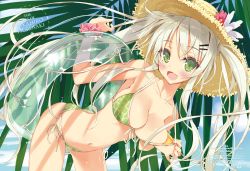 Rule 34 | 1girl, :d, armpits, artist name, bare arms, bare shoulders, bent over, bikini, blush, breasts, cleavage, collarbone, cowboy shot, day, dengeki moeou, eyelashes, flower, front-tie bikini top, front-tie top, green bikini, green eyes, green ribbon, hair ornament, hairclip, hat, hat flower, hat ornament, highres, holding, innertube, leaf, leaning forward, long hair, looking at viewer, medium breasts, navel, open mouth, outdoors, palm leaf, pulled by self, ribbon, scan, scrunchie, side-tie bikini bottom, sidelocks, silver hair, smile, solo, standing, stomach, strap pull, straw hat, summer, swim ring, swimsuit, tareme, teasing, translation request, transparent, tsurusaki takahiro, twintails, very long hair, wrist scrunchie