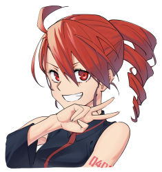 Rule 34 | 1girl, ahoge, bare shoulders, black shirt, black sleeves, commentary, detached sleeves, drill hair, grin, hand up, kasane teto, looking at viewer, number tattoo, portrait, red eyes, red hair, shirt, shoulder tattoo, sleeveless, sleeveless shirt, smile, tattoo, twin drills, utau, v, v-shaped eyebrows, white background, yasutange