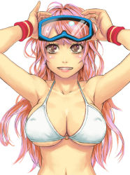 Rule 34 | 1girl, armpits, bad id, bad pixiv id, bikini, blush, breasts, brown eyes, cleavage, goggles, goggles on head, grin, large breasts, lips, long hair, navel, o-ring, o-ring top, original, pink hair, simple background, smile, solo, star (symbol), swimsuit, symbol-shaped pupils, upper body, white background, white bikini, wristband, yuuji (and)
