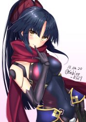 Rule 34 | 1girl, android, bare shoulders, black gloves, black hair, black leotard, breasts, dated, dutch angle, fate/grand order, fate (series), fauls, finger to mouth, gloves, gradient background, hair ornament, high ponytail, highres, impossible clothes, impossible leotard, joints, katou danzou (fate), large breasts, leotard, long hair, navel, parted bangs, pink background, red scarf, robot joints, scarf, sebire, solo, twitter username, upper body, very long hair, yellow eyes
