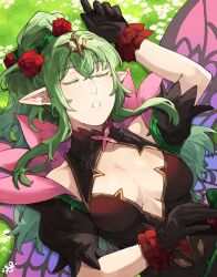 Rule 34 | 1girl, blush, breasts, cleavage, commentary, dress, english commentary, fire emblem, fire emblem awakening, fire emblem heroes, gloves, green eyes, green hair, hair ornament, highres, long hair, medium breasts, nintendo, official alternate costume, pointy ears, ponytail, ribbon, sakuremi, sleeping, solo, thighhighs, tiki (adult) (fire emblem), tiki (adult) (resplendent) (fire emblem), tiki (fire emblem), upper body
