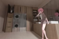 Rule 34 | 1girl, absurdres, bare legs, brown shirt, brown skirt, cabinet, collared shirt, covering own mouth, cup, drawer, hair between eyes, hand up, highres, indoors, long hair, long sleeves, original, pink eyes, pink hair, reflection, shelf, shirt, skirt, solo, standing, twintails, uotak, white shirt, wide shot