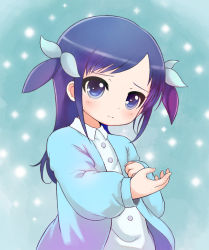 Rule 34 | 1girl, blue background, blue eyes, blue hair, blue theme, child, dokidoki! precure, hishikawa rikka, jacket, light particles, long hair, matching hair/eyes, peacemaker777, precure, solo, two side up, aged down