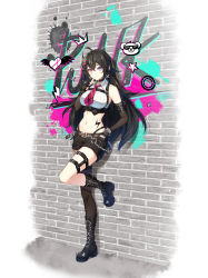 1girl ahoge arm_belt armpits artist_request bai_winchester bare_shoulders belt black_choker black_footwear black_gloves black_hair black_shorts boots bracelet breasts brown_thighhighs chain chest_harness choker closed_mouth closers collared_shirt crop_top detached_sleeves earrings fingerless_gloves fishnets full_body glint gloves hair_ornament hairclip hand_up harness heterochromia highleg highres jewelry leg_belt leg_up long_hair looking_at_viewer medium_breasts midriff navel necktie official_art pink_eyes purple_eyes ribbed_shirt shirt short_necktie short_shorts shorts single_thighhigh sleeveless sleeveless_shirt smile solo standing stomach tattoo thighhighs very_long_hair white_shirt