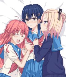 Rule 34 | 3girls, black eyes, black hair, blonde hair, blue skirt, blush, closed eyes, closed mouth, collarbone, facing another, flip flappers, girl sandwich, highres, kokomine cocona, long hair, lying, multiple girls, neckerchief, on back, on side, open mouth, papika (flip flappers), purple eyes, red hair, red neckerchief, sandwiched, short hair, skirt, smile, yayaka, ynote, yuri