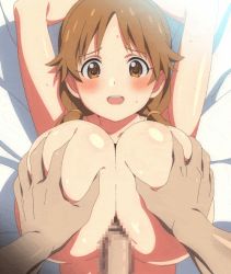 Rule 34 | 1boy, 1girl, animated, animated gif, bed, bed sheet, blinking, blush, breasts, brown eyes, brown hair, censored, cum, cum on body, cum on hair, ejaculation between breasts, facial, grabbing, grabbing another&#039;s breast, hetero, huge breasts, idolmaster, katagiri sanae, licking lips, looking at viewer, lying, mosaic censoring, naughty face, on back, on bed, one eye closed, open mouth, paizuri, penis, pov, pov hands, shiny skin, solo focus, straddling, straddling paizuri, tongue, tongue out, totoro on