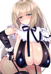Rule 34 | 1girl, aqua eyes, black thighhighs, blonde hair, blunt bangs, bombergirl, breasts, cleavage, closed mouth, garter straps, gloves, hand on own hip, huge breasts, long hair, looking at viewer, nanami neru, ribbon, sagging breasts, sepia belmont, simple background, skindentation, smile, solo, thighhighs, thighs, very long hair, white background, white gloves