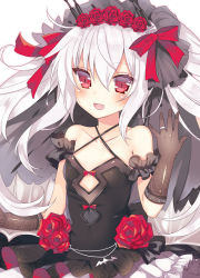 Rule 34 | 1girl, :d, azur lane, black gloves, collarbone, commentary request, detached sleeves, elbow gloves, fang, flower, frilled skirt, frills, gloves, jewelry, long hair, looking at viewer, ootani mikoto, open mouth, red eyes, red flower, red rose, remodel (azur lane), ring, rose, simple background, skirt, smile, solo, twintails, vampire (azur lane), vampire (eloi&#039;s blessing) (azur lane), veil, wedding band, white hair