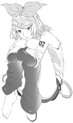 Rule 34 | 1girl, asunogear, asymmetrical footwear, bow, copyright name, crossed arms, detached sleeves, full body, greyscale, hair bow, hair ornament, hairclip, highres, hugging own legs, kagamine rin, leg warmers, monochrome, shirt, shoes, short hair, short shorts, short sleeves, shorts, simple background, single shoe, sitting, sleeveless, sleeveless shirt, solo, swept bangs, tattoo, uneven footwear, vocaloid, white background