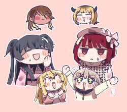 Rule 34 | 6+girls, = =, ^ ^, arima kana, black hair, blonde hair, blush, blush stickers, brown hair, chibi, closed eyes, cropped torso, crossover, grey hair, hand on own cheek, hand on own face, hoshino ruby, idolmaster, idolmaster shiny colors, izumi mei, jitome, karappo711, mayuzumi fuyuko, mem-cho, multicolored hair, multiple girls, oshi no ko, outline, outstretched arms, patterned clothing, pink background, red hair, roots (hair), serizawa asahi, simple background, straylight (idolmaster), sweatdrop, upper body, white outline