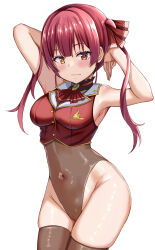 Rule 34 | 1girl, absurdres, armpits, bare arms, blush, breasts, brown thighhighs, cameltoe, cleft of venus, closed mouth, covered navel, cowboy shot, crop top, hair ribbon, heterochromia, highres, hololive, hololive fantasy, houshou marine, leotard, long hair, looking at viewer, medium breasts, nootomo, red eyes, red hair, ribbon, simple background, sleeveless, solo, standing, thighhighs, twintails, virtual youtuber, white background, yellow eyes