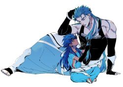 Rule 34 | 1boy, 1other, aged down, bare shoulders, black gloves, black shirt, blue hair, blue robe, bracelet, child, closed eyes, cu chulainn (caster) (fate), cu chulainn (fate), earrings, elbow gloves, fate/grand order, fate (series), full body, gloves, hand on own head, holding another&#039;s hair, indian style, jewelry, long hair, looking at another, lying, male focus, multiple boys, muscular, muscular male, ponytail, profile, red eyes, robe, romulus quirinus (fate), sbdugite, shirt, simple background, sitting, sleeveless, spiked hair, tan, white background