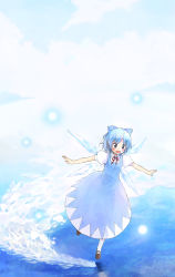Rule 34 | 1girl, blouse, blue background, blue theme, cirno, collared shirt, dress, embodiment of scarlet devil, female focus, full body, highres, ice, md5 mismatch, nonaka yuu, outdoors, pinafore dress, resolution mismatch, shirt, sky, sleeveless dress, socks, solo, source smaller, touhou, water, white shirt, white socks