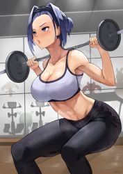 Rule 34 | 1girl, absurdres, barbell, bare shoulders, black leggings, blue eyes, blue hair, blush, breasts, cleavage, cowboy shot, earrings, hair intakes, highres, hololive, hololive english, indoors, jewelry, large breasts, leggings, matching hair/eyes, midriff, nannachu7, navel, open mouth, ouro kronii, short hair, solo, sports bra, sportswear, squatting, virtual youtuber