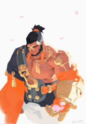 Rule 34 | 1boy, absurdres, bara, bare pectorals, beard, black hair, copyright request, cropped legs, dark-skinned male, dark skin, facial hair, falling petals, from above, high ponytail, highres, large hands, large pectorals, male focus, muscular, muscular male, nipples, pectorals, petals, qchbtb, smile, solo, thick eyebrows